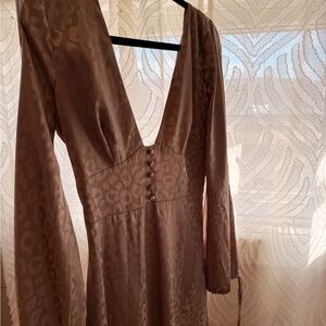 Deep V-Neck Long Sleeve Satin Dress in Taupe